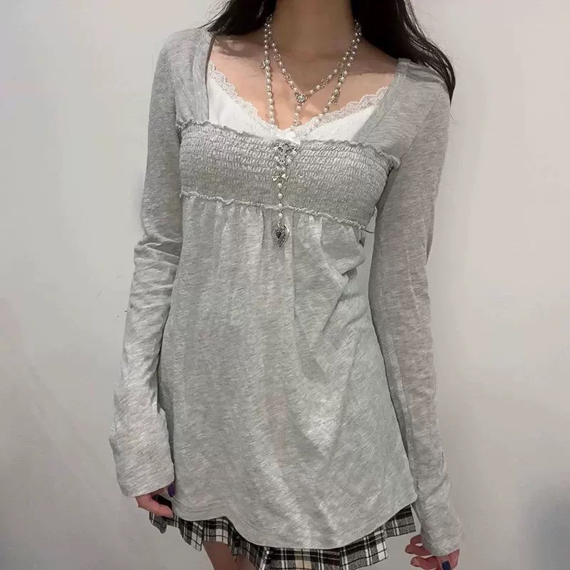 Winter Clothing Aesthetic - T-shirt femme rétro américain, col carré,