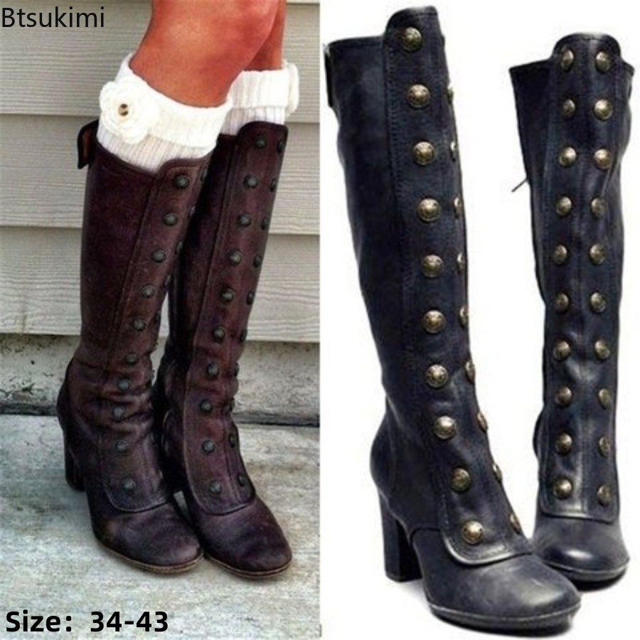 Winter Clothing Material - Bottes rétro noires à rivets, talons