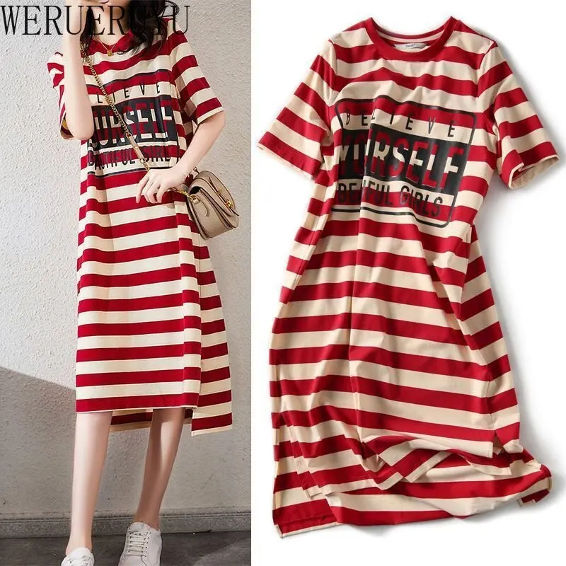 Winter Clothing Aesthetic - Robe mi-longue imprimée rayée, manches courtes,